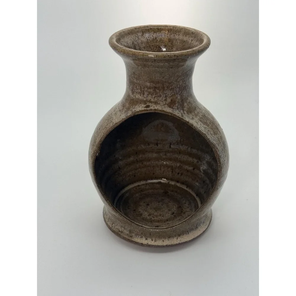 Vintage Hand made rustic stoneware candle holder earthy colors heart notches